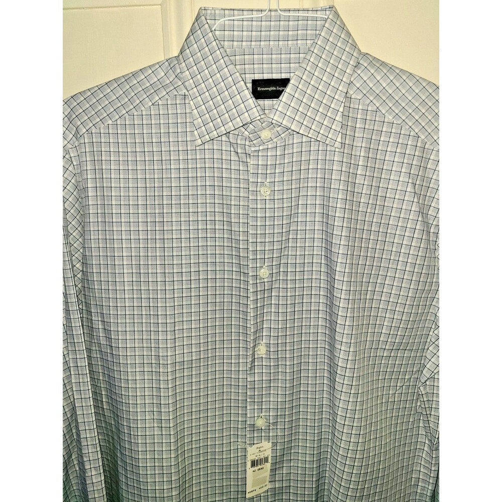 NWT Ermenegildo Zegna blue check Rossini button down dress shirt, sz 42 - 16 1/2